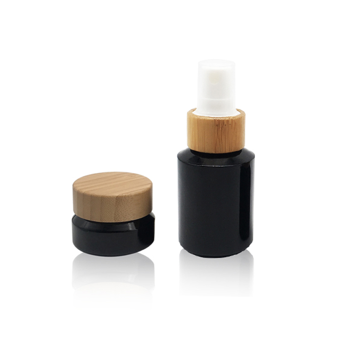 Factory wholesale cosmetic wooden lid glass cream jar glass black frosted cream jar with 100% nature bamboo cap