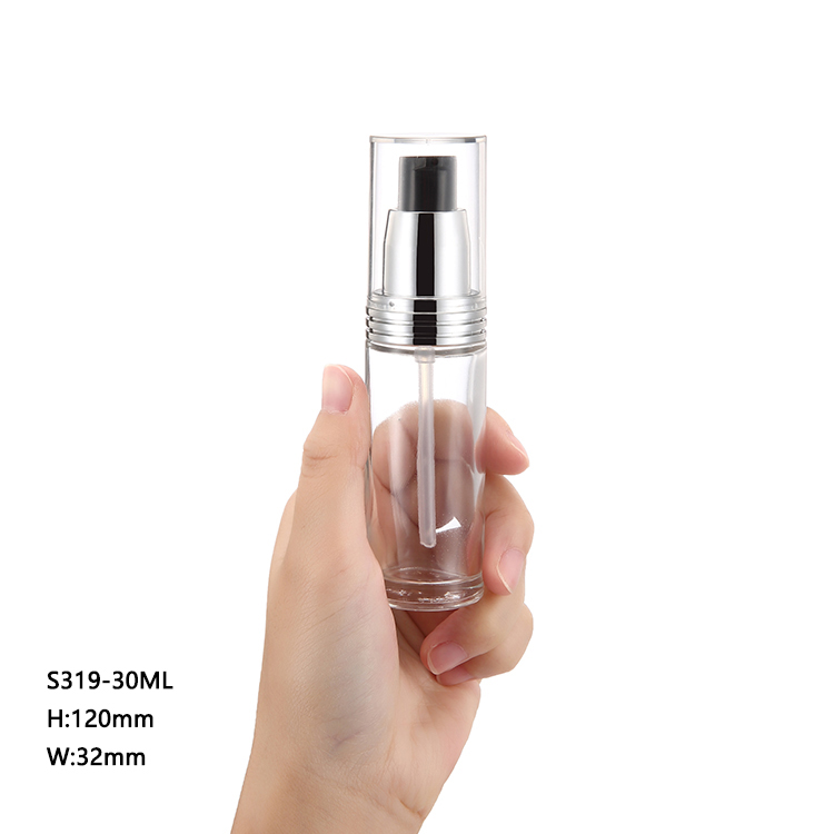 Factory wholesale transparent 50ml square cosmetic essential oil lotion pump serum bottle clear glass 30ml
