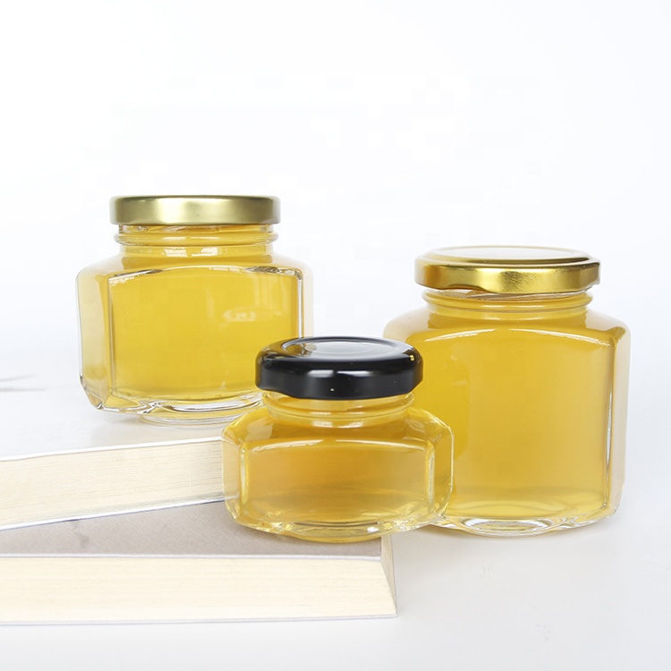 Family Size Oval Hexagon Glass Storage Jar with Twist Off Metal Lug Lid