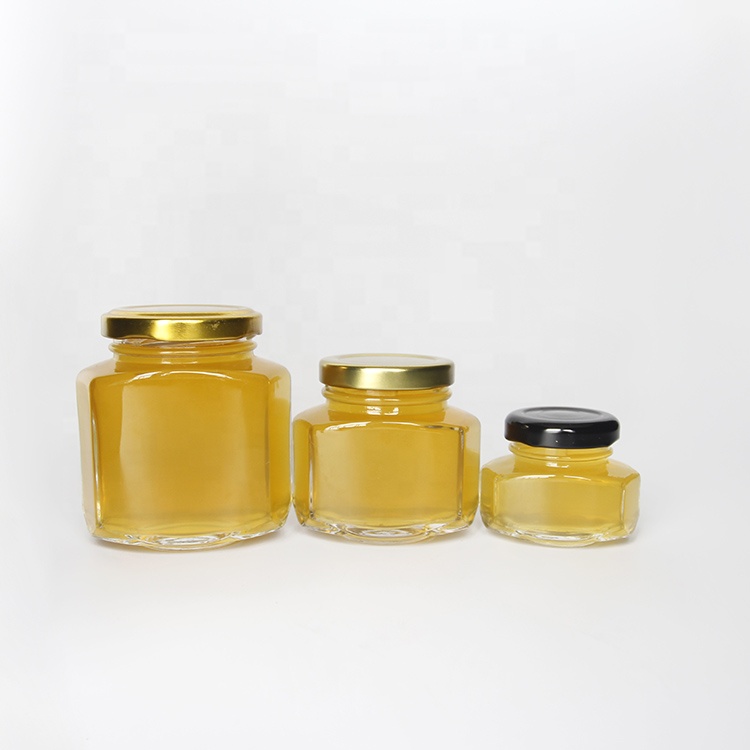 Family Size Oval Hexagon Glass Storage Jar with Twist Off Metal Lug Lid