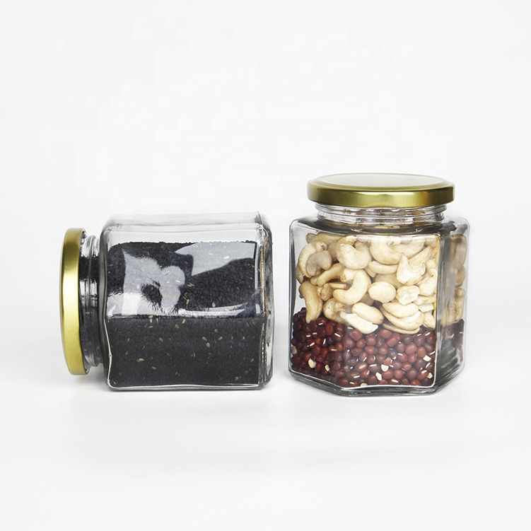 Family size 100ml 200ml 500ml storage canning jar hexagon honey jars glass with metal lid