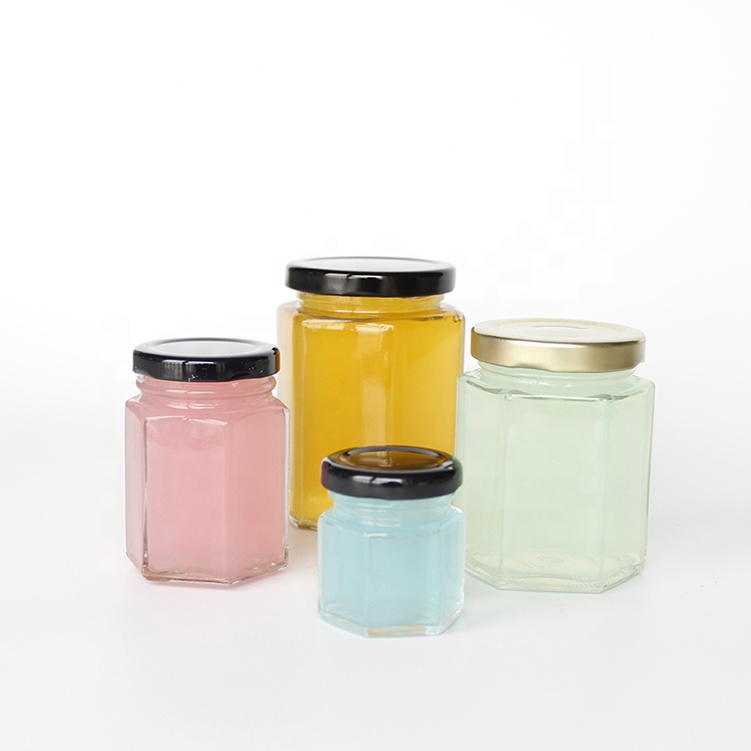Family size 100ml 200ml 500ml storage canning jar hexagon honey jars glass with metal lid