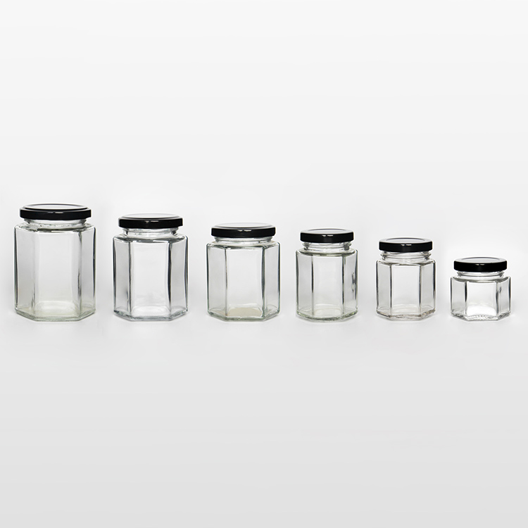 Family size 100ml 200ml 500ml storage canning jar hexagon honey jars glass with metal lid