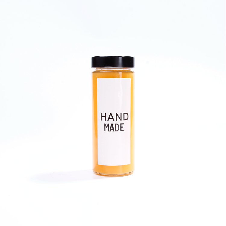 Family size glass jam jars with black twist off lid with custom stickers