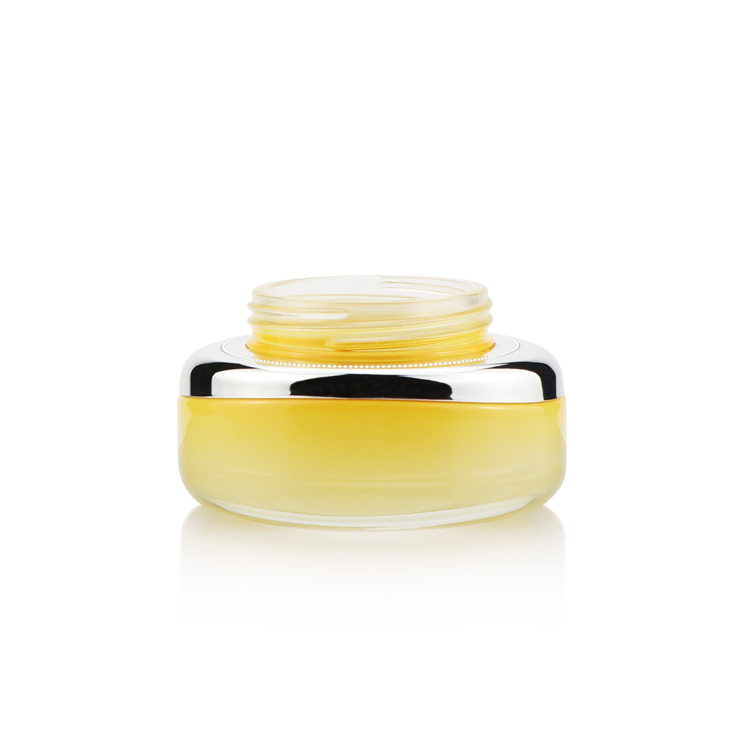 Fancy 1.7 fl oz empty makeup face lotion packaging flat oval glass jar cosmetic with silver lid foe cream