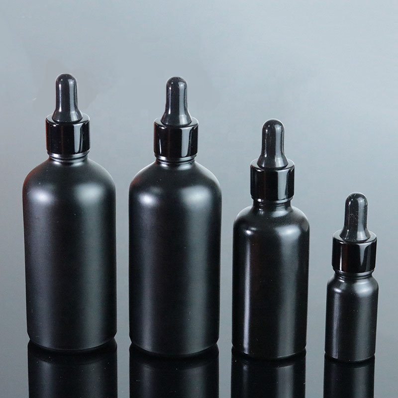 Fancy 15ml 30ml 1oz 50ml 100ml matte black oil bottle glass empty aluminum dropper bottle (GRBL02)