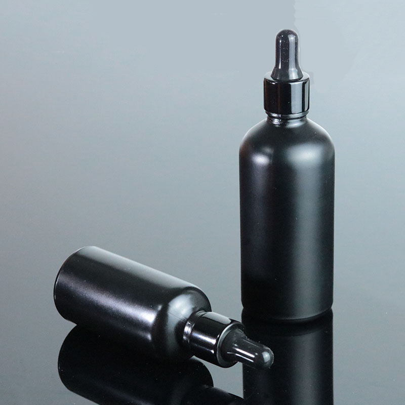 Fancy 15ml 30ml 1oz 50ml 100ml matte black oil bottle glass empty aluminum dropper bottle (GRBL02)