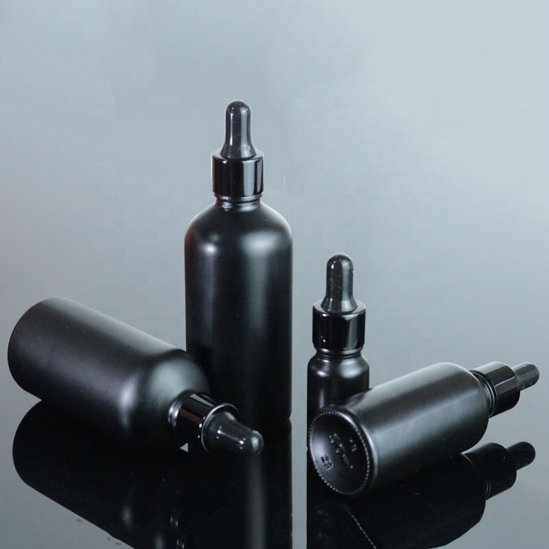 Fancy 15ml 30ml 1oz 50ml 100ml matte black oil bottle glass empty aluminum dropper bottle (GRBL02)