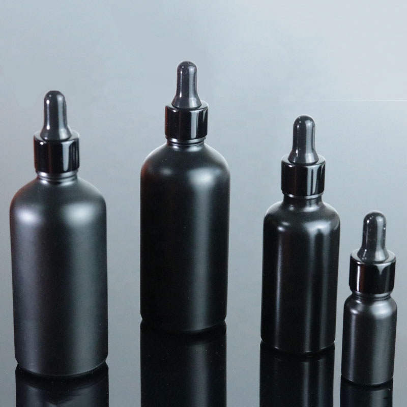 Fancy 15ml 30ml 1oz 50ml 100ml matte black oil bottle glass empty aluminum dropper bottle (GRBL02)