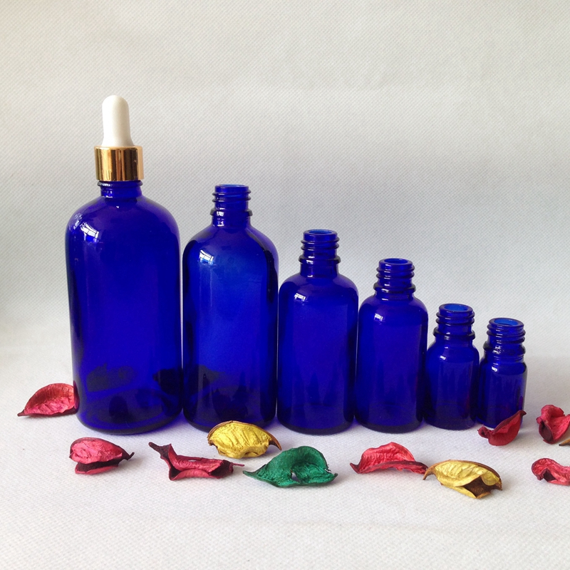 Fancy 15ml 30ml 50 ml blue glass dropper bottle with silver dropper lid