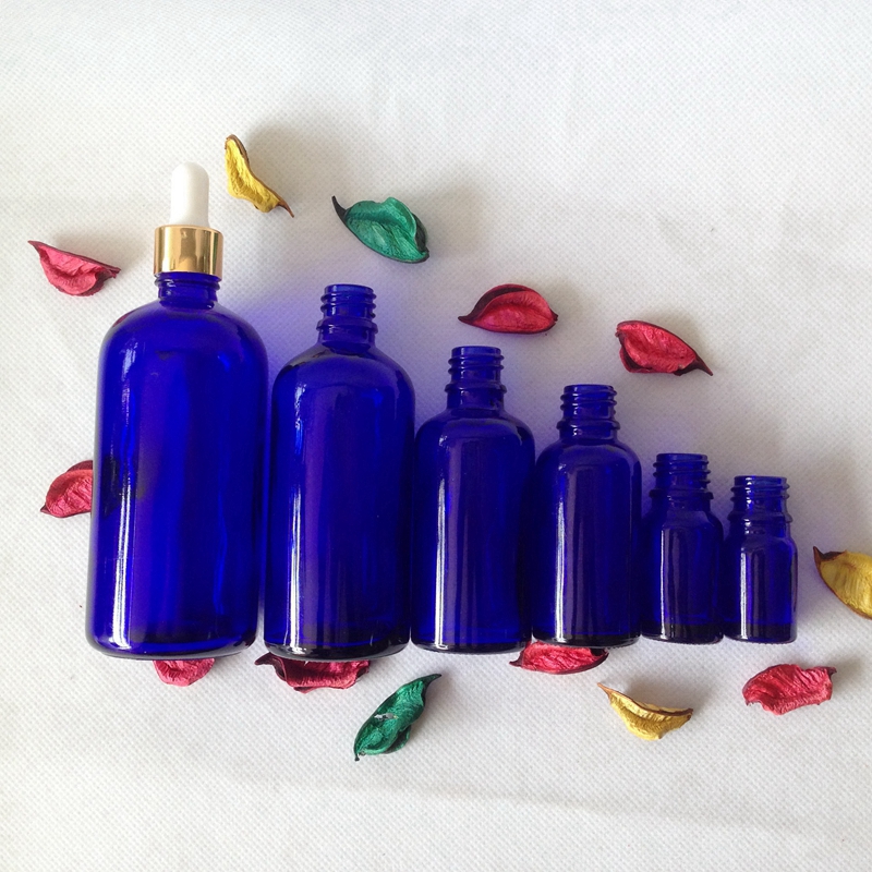 Fancy 15ml 30ml 50 ml blue glass dropper bottle with silver dropper lid