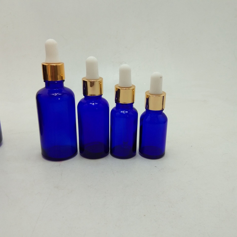 Fancy 15ml 30ml 50 ml blue glass dropper bottle with silver dropper lid
