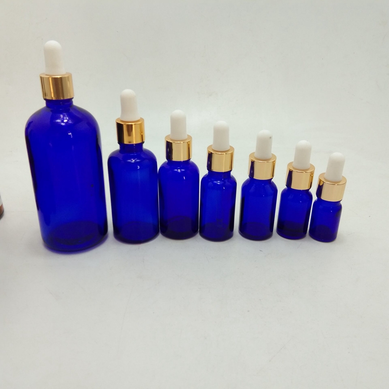 Fancy 15ml 30ml 50 ml blue glass dropper bottle with silver dropper lid
