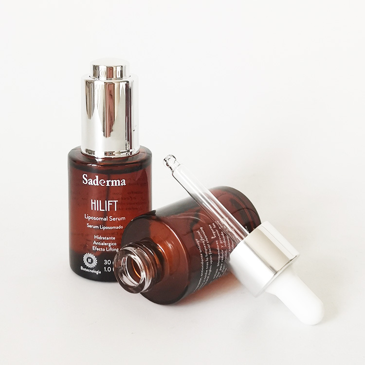 Fancy 1oz 30ml amber cosmetic facial serum button dropper pump glass flat shoulder bottle