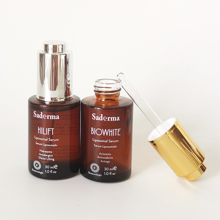 Fancy 1oz 30ml amber cosmetic facial serum button dropper pump glass flat shoulder bottle