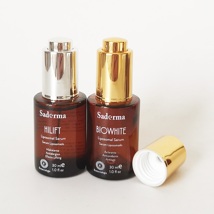 Fancy 1oz 30ml amber cosmetic facial serum button dropper pump glass flat shoulder bottle