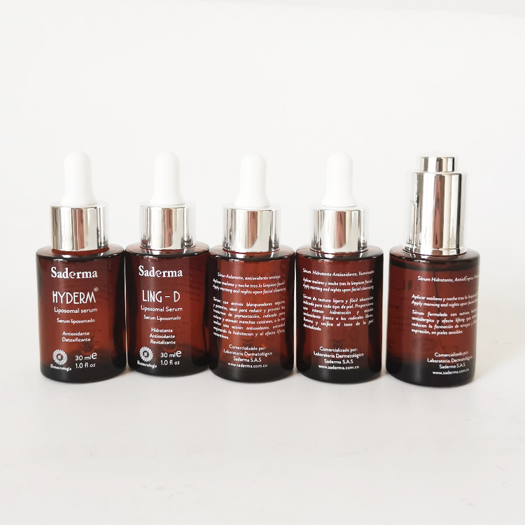 Fancy 1oz 30ml amber cosmetic facial serum button dropper pump glass flat shoulder bottle