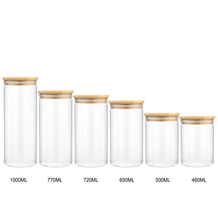 Fancy 250 400 350 370 ml cylindrical clear container wide mouth cookie storage borosilicate bamboo lid glass jar