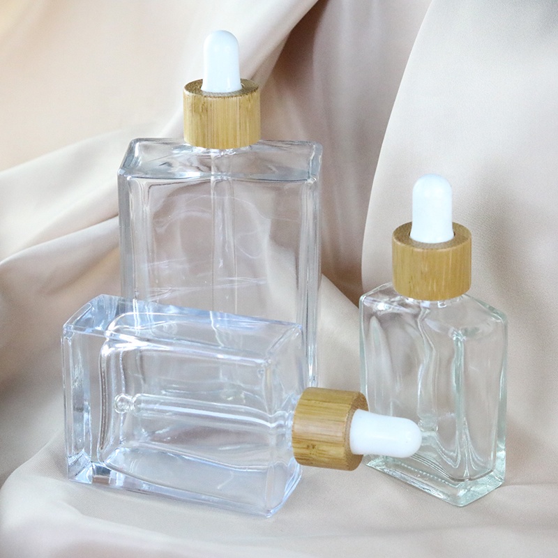 Fancy 30ml 50ml 100ml Square Cosmetic Clear Glass Dropper Serum Bottle With Bamboo Pipette Dropper  (GSA23)