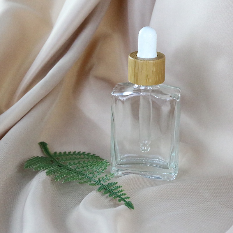 Fancy 30ml 50ml 100ml Square Cosmetic Clear Glass Dropper Serum Bottle With Bamboo Pipette Dropper (GSA23)