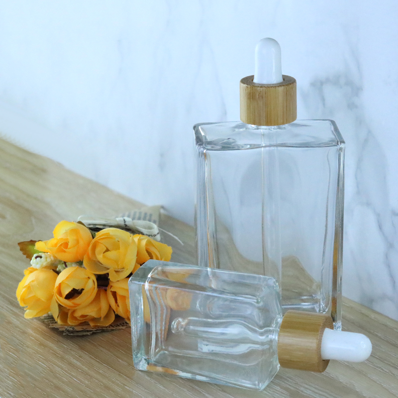 Fancy 30ml 50ml 100ml Square Cosmetic Clear Glass Dropper Serum Bottle With Bamboo Pipette Dropper (GSA23)