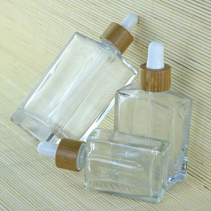 Fancy 30ml 50ml 100ml Square Cosmetic Clear Glass Dropper Serum Bottle With Bamboo Pipette Dropper (GSA23)