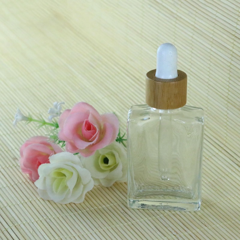 Fancy 30ml 50ml 100ml Square Cosmetic Clear Glass Dropper Serum Bottle With Bamboo Pipette Dropper (GSA23)