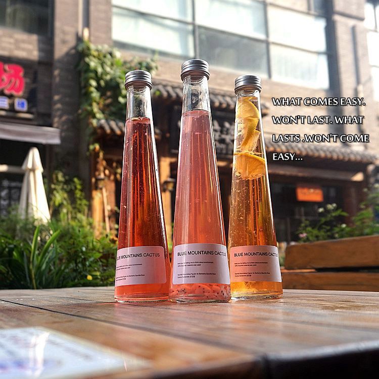 Fancy 330ml Conical Wine Bottle Juice Bottle Beverage Cold Drink Fruit wine Glass Bottle with Aluminum Lid