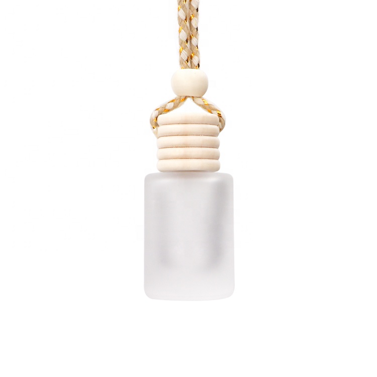Fancy Cylinder Frosted Glass 10ml Wood Cap Hanging Car Essential Oil Diffuser Bottle