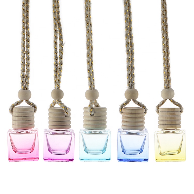 Fancy Cylinder Frosted Glass 10ml Wood Cap Hanging Car Essential Oil Diffuser Bottle