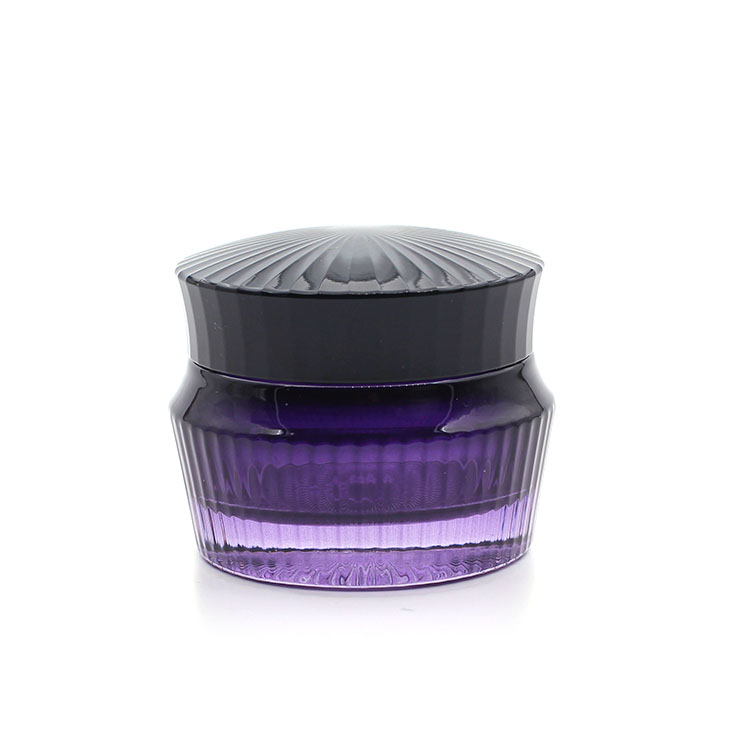 Fancy Empty Coloured Purple Cosmetic Glass Jars 50ml Glass Cream Jar With Black Lid