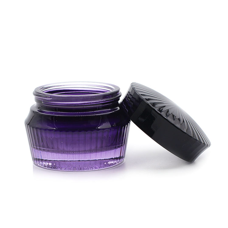 Fancy Empty Coloured Purple Cosmetic Glass Jars 50ml Glass Cream Jar With Black Lid