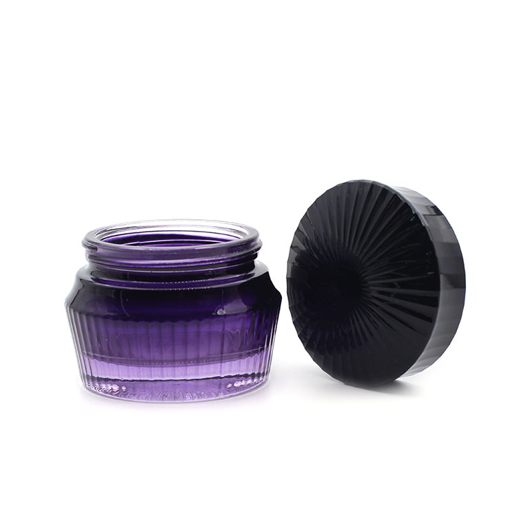 Fancy Empty Coloured Purple Cosmetic Glass Jars 50ml Glass Cream Jar With Black Lid