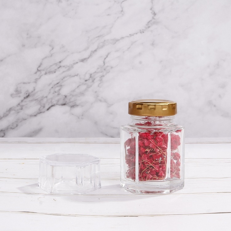 Fancy Glass 80ml 120ml Hexagon Saffron Glass Jar With Metal Lid And Acrylic Cover