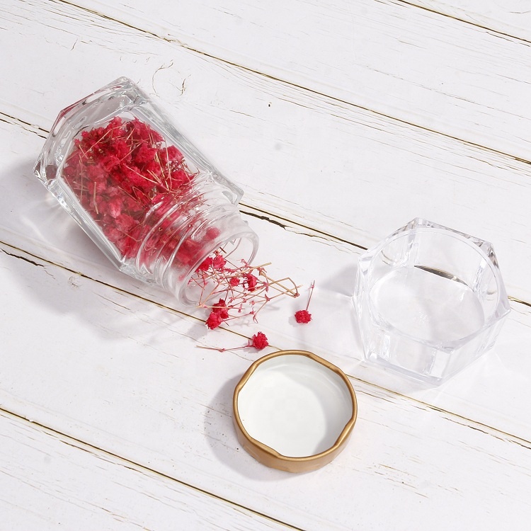 Fancy Glass 80ml 120ml Hexagon Saffron Glass Jar With Metal Lid And Acrylic Cover