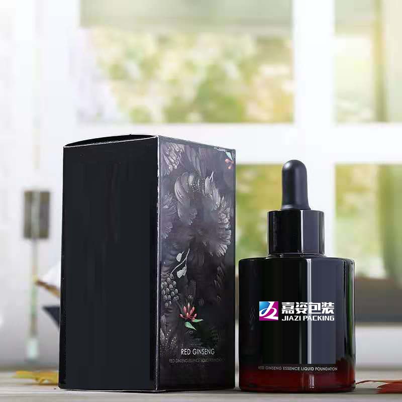 Fancy Label 30ml Push Button Pump Cosmetic Dropper Packaging Bottle Black Thick Cylinder Glass Round Essential Oil Glass Bottle