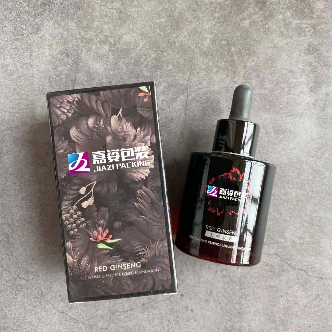 Fancy Label 30ml Push Button Pump Cosmetic Dropper Packaging Bottle Black Thick Cylinder Glass Round Essential Oil Glass Bottle