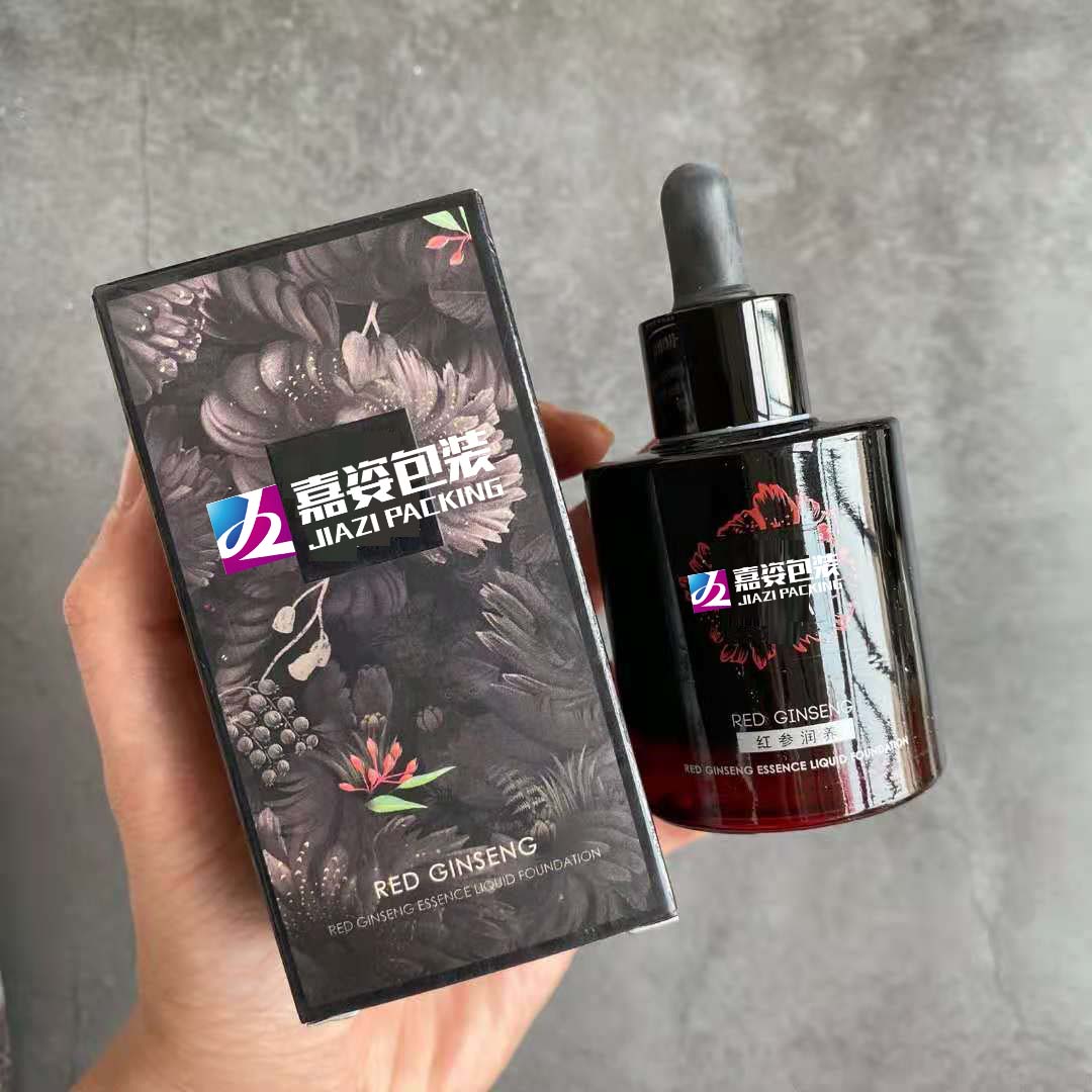 Fancy Label 30ml Push Button Pump Cosmetic Dropper Packaging Bottle Black Thick Cylinder Glass Round Essential Oil Glass Bottle