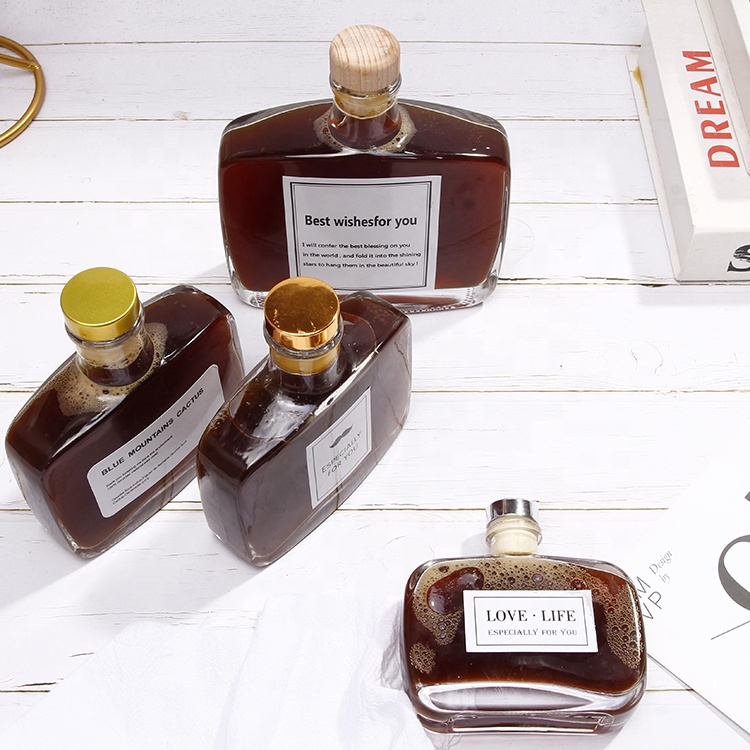 Fancy Shape Flat Glass Liquor Bottle With Lid Luxury Glass Perfume Bottle With Cork