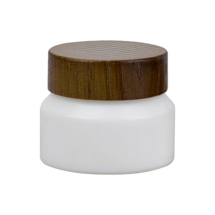 Fancy china manufacturer cosmetic packaging 50g white ceramic glass cosmetic cream empty jar wooden lid glass jars