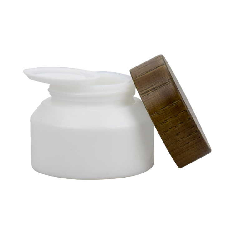 Fancy china manufacturer cosmetic packaging 50g white ceramic glass cosmetic cream empty jar wooden lid glass jars