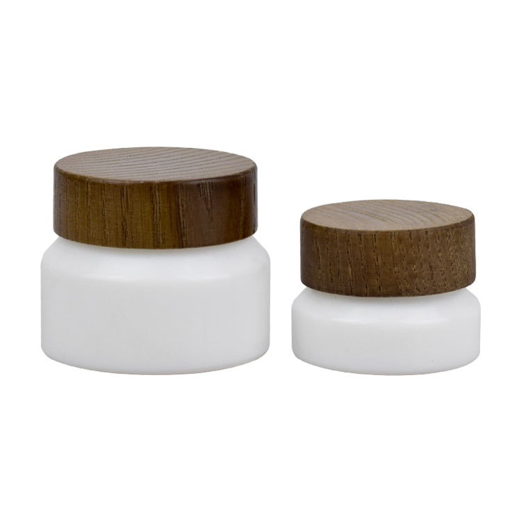 Fancy china manufacturer cosmetic packaging 50g white ceramic glass cosmetic cream empty jar wooden lid glass jars