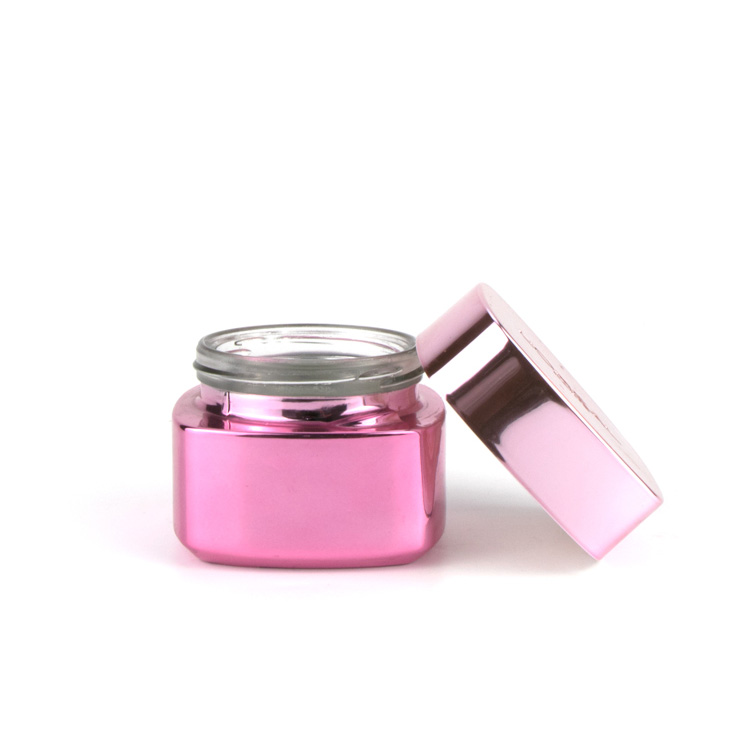Fancy custom face cream containers 50ml uv rose gold lid square shape cosmetic glass jar with metal lid