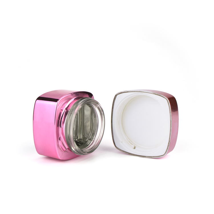 Fancy custom face cream containers 50ml uv rose gold lid square shape cosmetic glass jar with metal lid