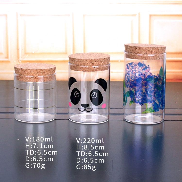 Fancy custom logo decal 180ml 220ml borosilicate herb storage glass jar with cork lid