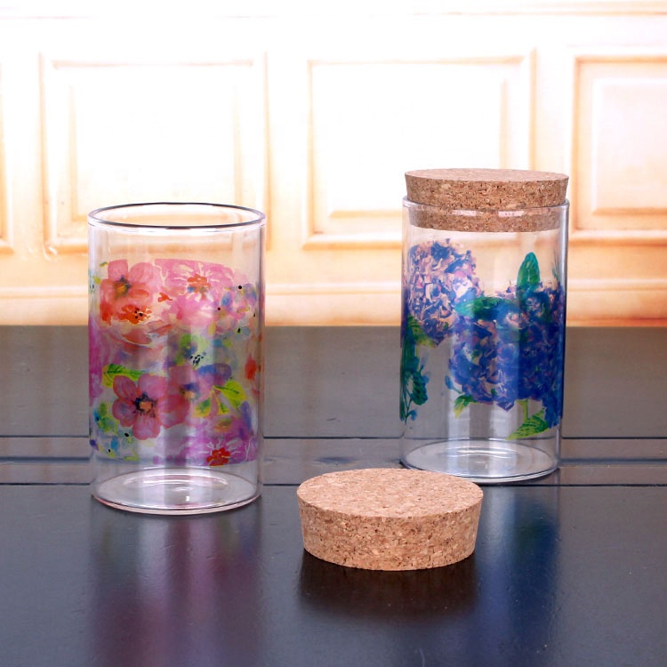 Fancy custom logo decal 180ml 220ml borosilicate herb storage glass jar with cork lid
