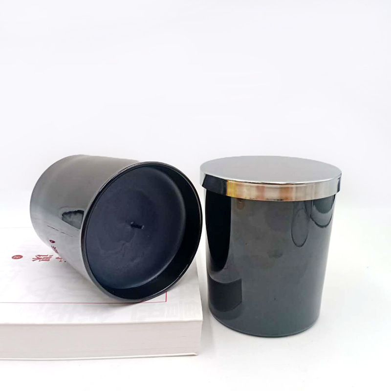 Fancy design 250ml 350ml 400ml 480ml round cylinder black glass candle jars with copper lids