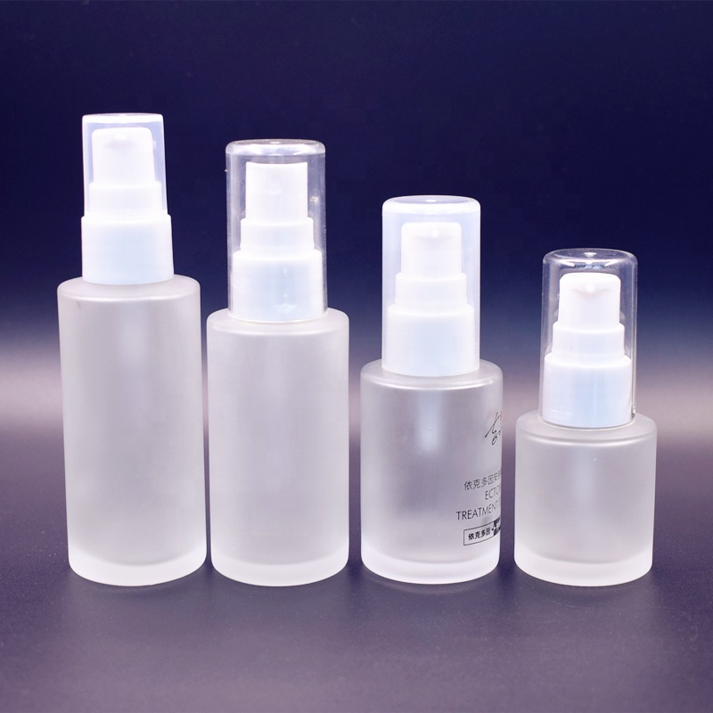 Fancy empty Round Flat shoulder 20ml 30ml 40ml 50ml 60ml 100ml frosted lotion bottles with white spray and pump top
