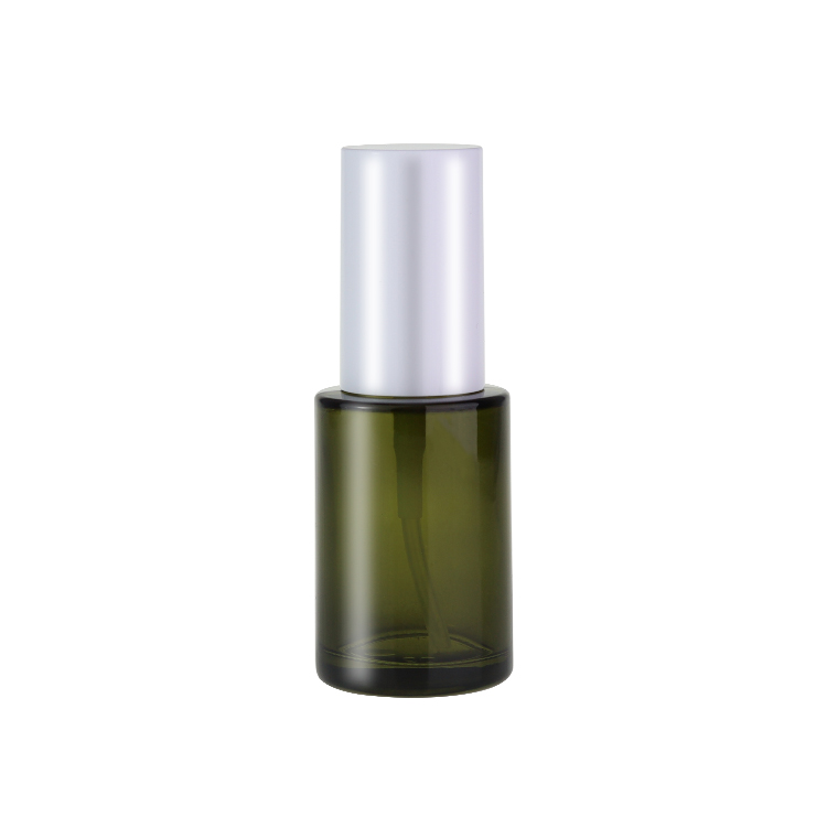 Fancy empty bottle containers for cosmetics 20ml 30ml 40ml 50ml 60ml 100ml 120ml flat shoulder green glass serum pump bottles