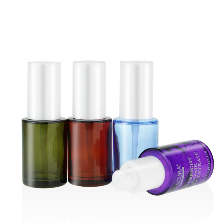 Fancy empty bottle containers for cosmetics 20ml 30ml 40ml 50ml 60ml 100ml 120ml flat shoulder green glass serum pump bottles